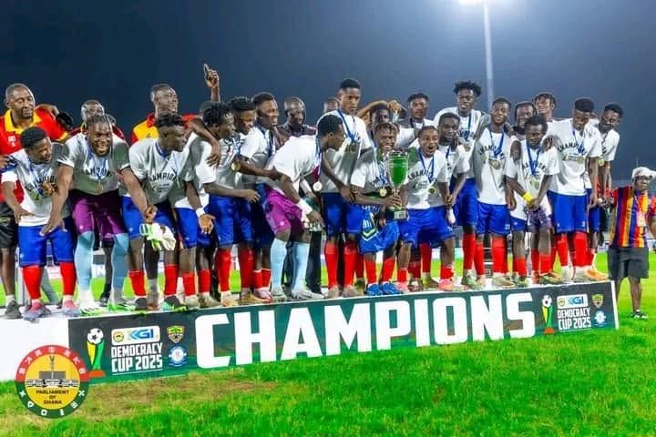 Hearts of Oak behind the Champions board, Democracy Cup 2025